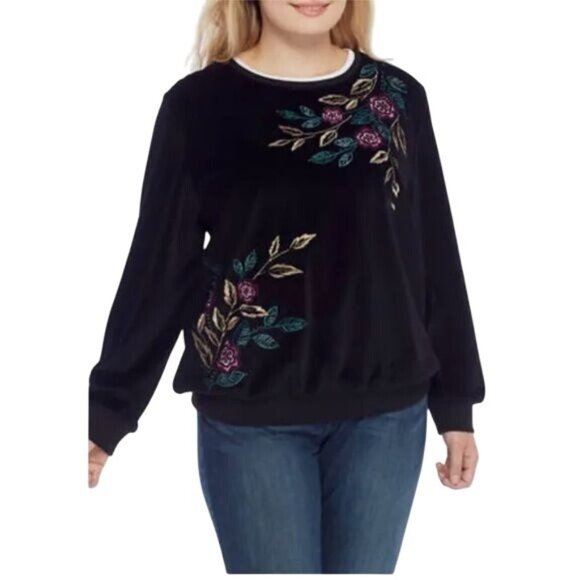 Alfred Dunner Black Velvet Embroidered Floral Sweatshirt Pullover Womens Size L - Picture 1 of 11